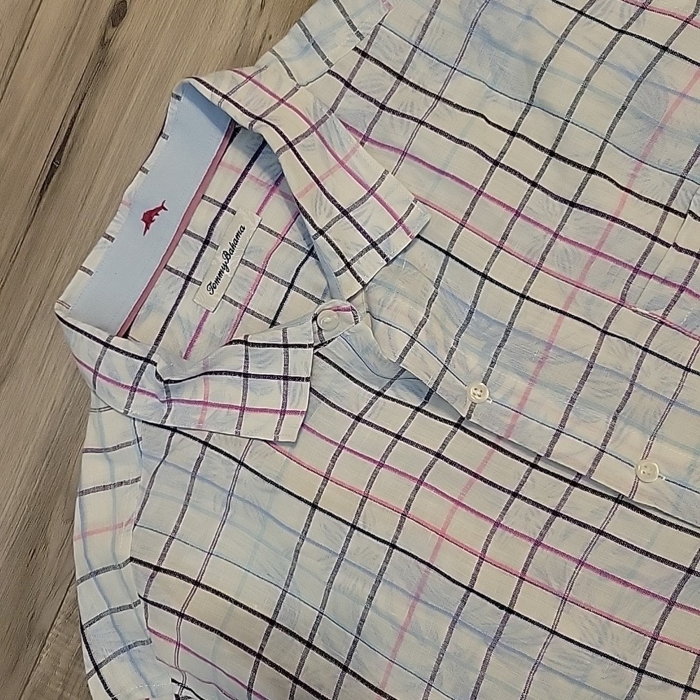 Tommy‎ Bahama Linen Shirt Mens 2XL Hawaiian Plaid Floral AOP Multicolor
